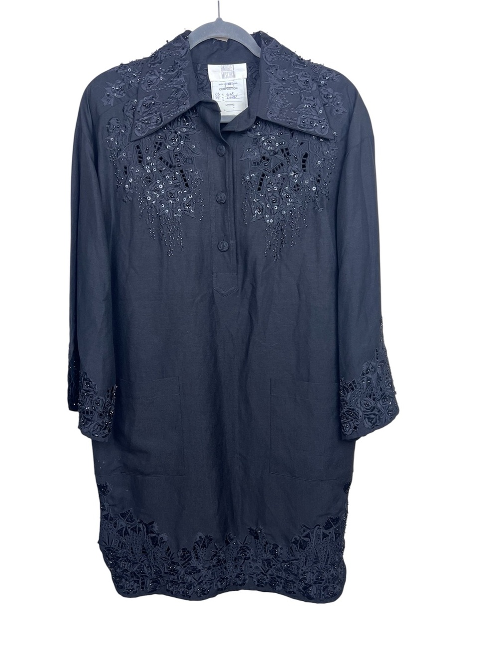 Vintage Badgley Mischka Silk Linen Black Embellished Popover Dress / Tunic Top